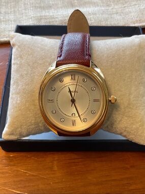 Fossil Gold Tone Watch with Burgundy Leather Strap